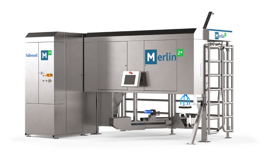 A Fullwood Merlin 2+ milking robot with its control cabinet, shown against a plain background