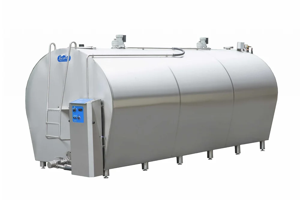 A Liscarroll stainless steel bulk milk tank on legs, with an access ladder, a control panel and two agitator motors on the top