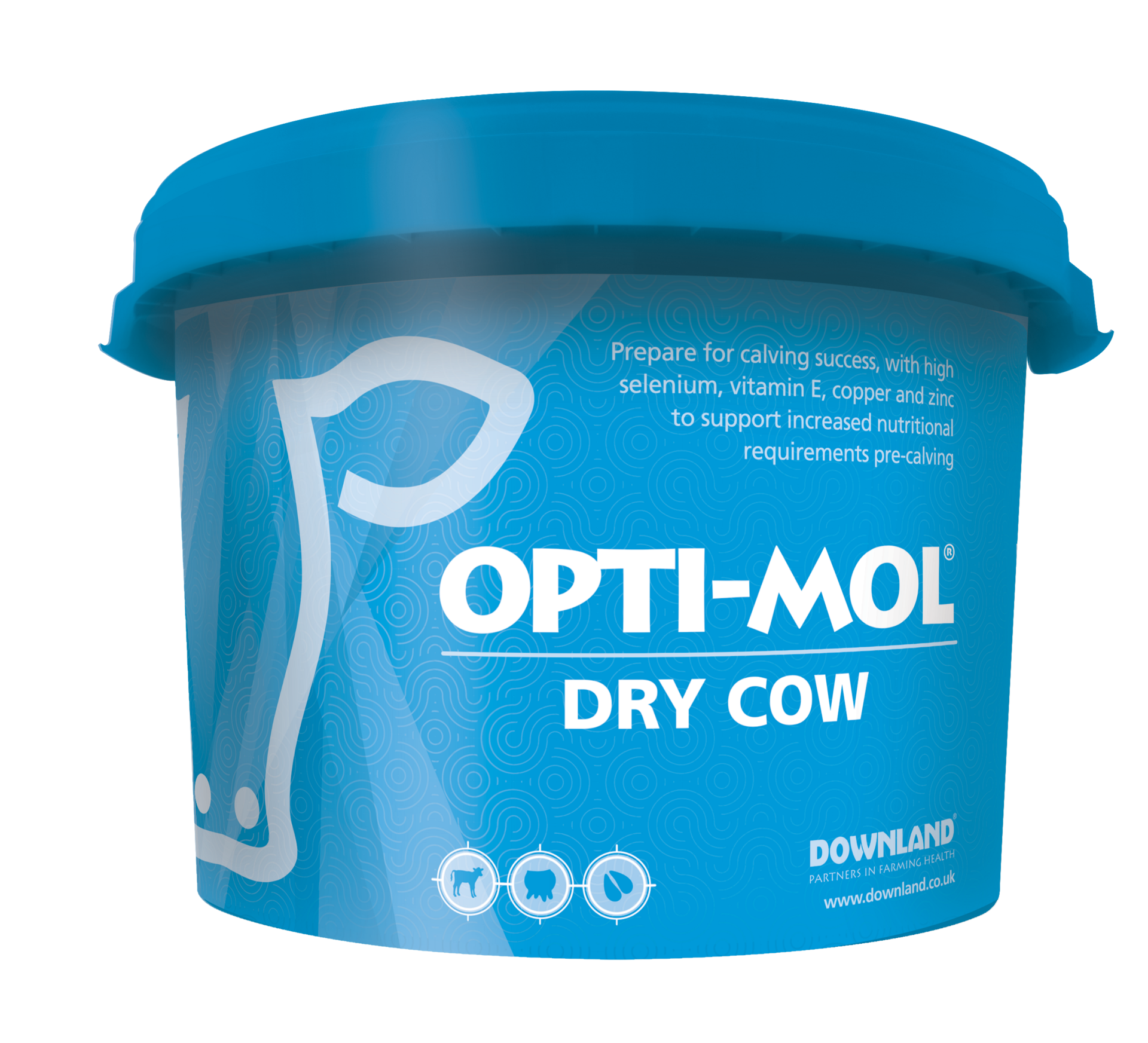 Downland Opti-Mol Dry Cow mineral bucket containing high selenium, vitamin E, copper and zinc for pre-calving dairy cows