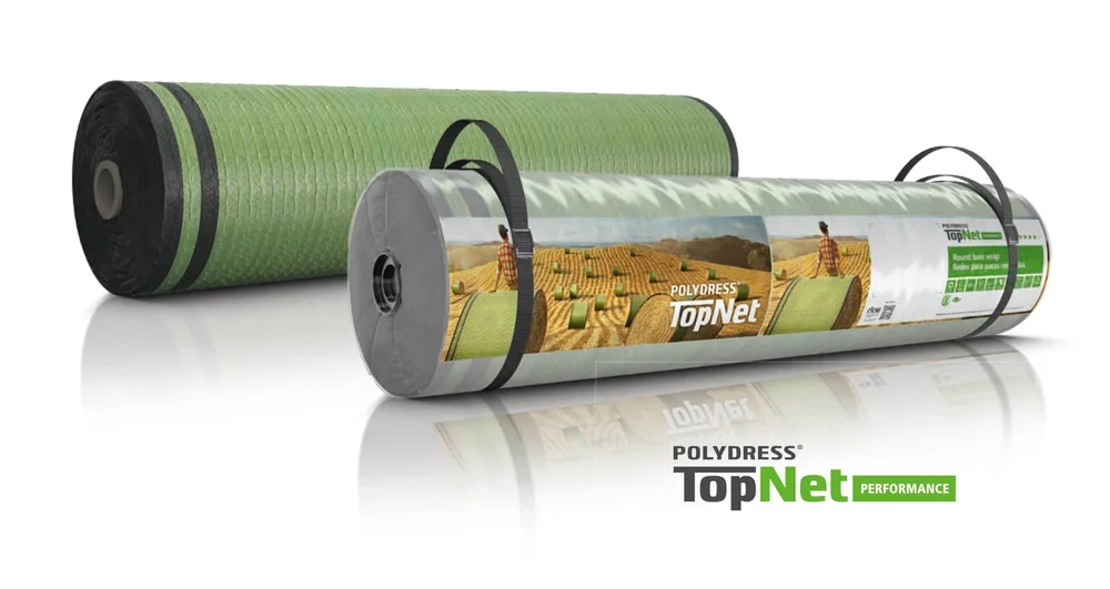Two rolls of Polydress TopNet round baler netting with carrying handles