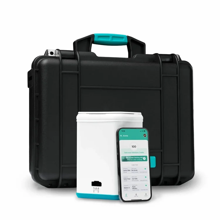 Micron Agritech testing kit in its case beside a phone showing the results app