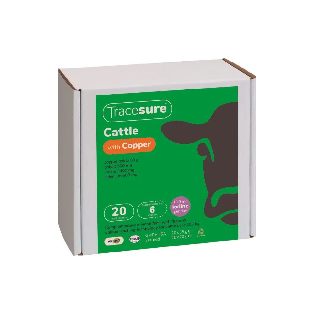 Picture shows box of Tracesure Cattle Bolus with Copper
