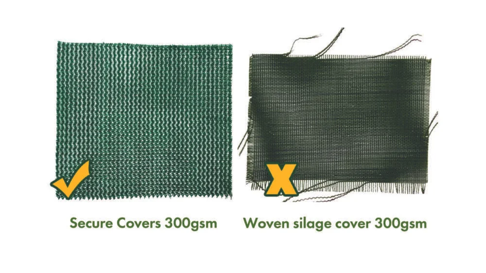 Side by side comparison of a 300gsm Secure Cover knit against a 300gsm woven silage cover, showing the woven cover fraying at the cut edge while the knitted cover does not