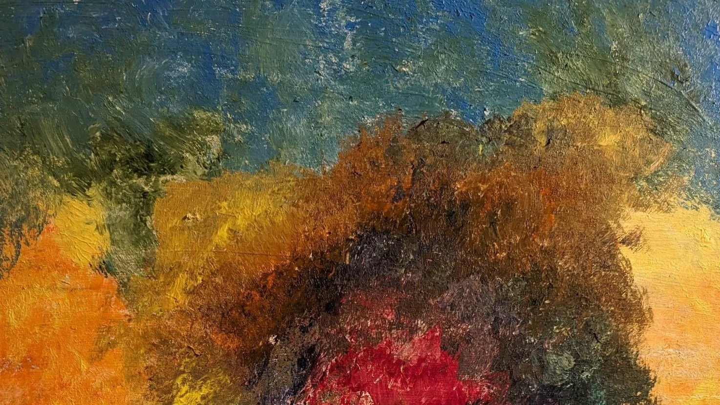 Abstraktes Ölgemälde mit bunten, textured Farbstrichen in Blau, Grün, Gelb, Orange, Rot, Schwarz und Braun.