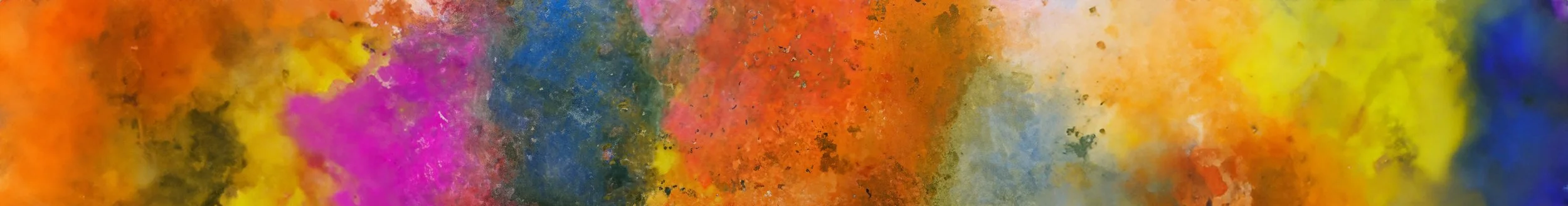 Bunte Farbentupfer in Orange, Gelb, Pink, Blau und Grün auf einer Leinwand.