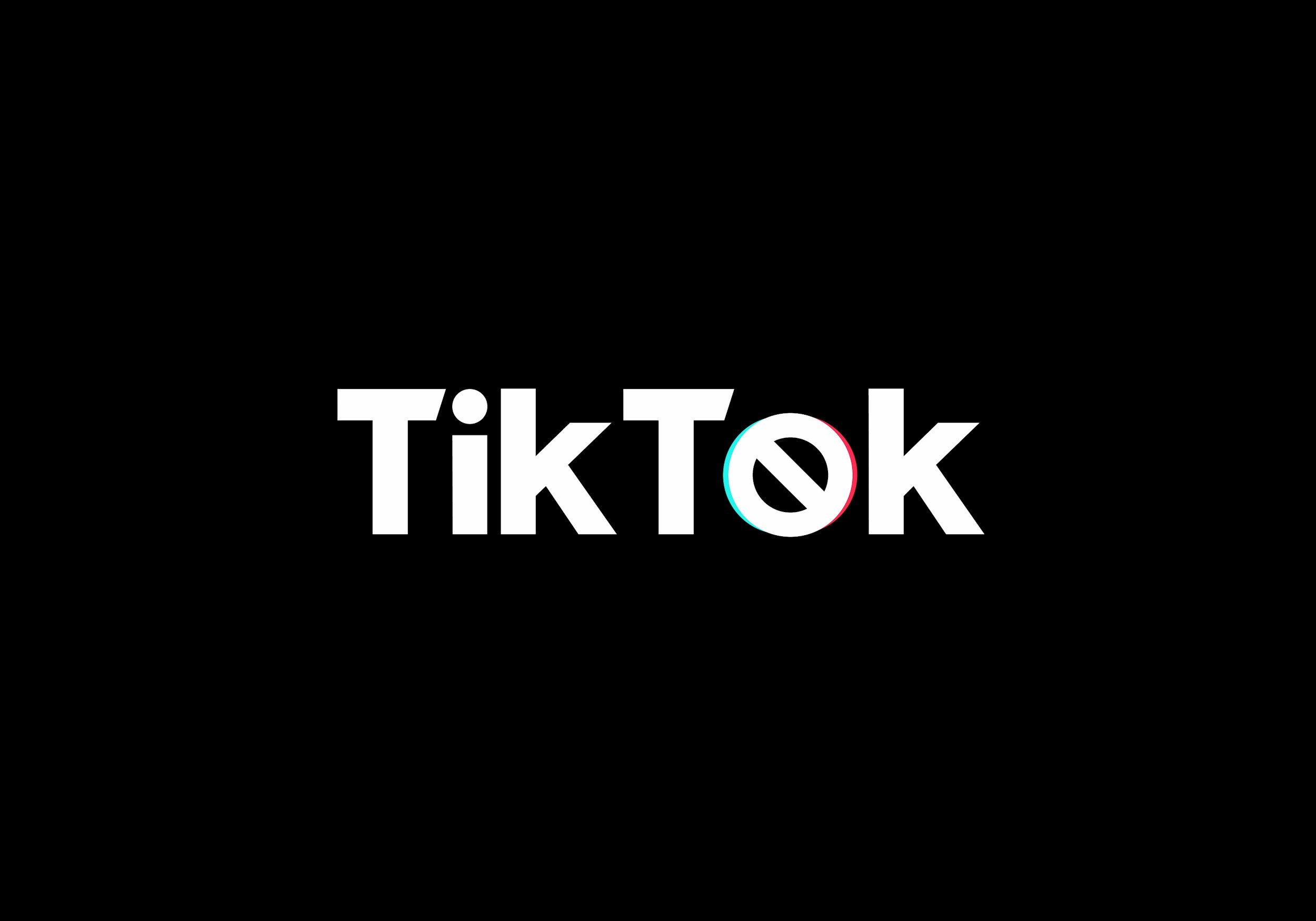 TikTok logo with a black background and the word 'TikTok' in white, with a stylized 'O' featuring a cut-through circle and red and blue outlines.