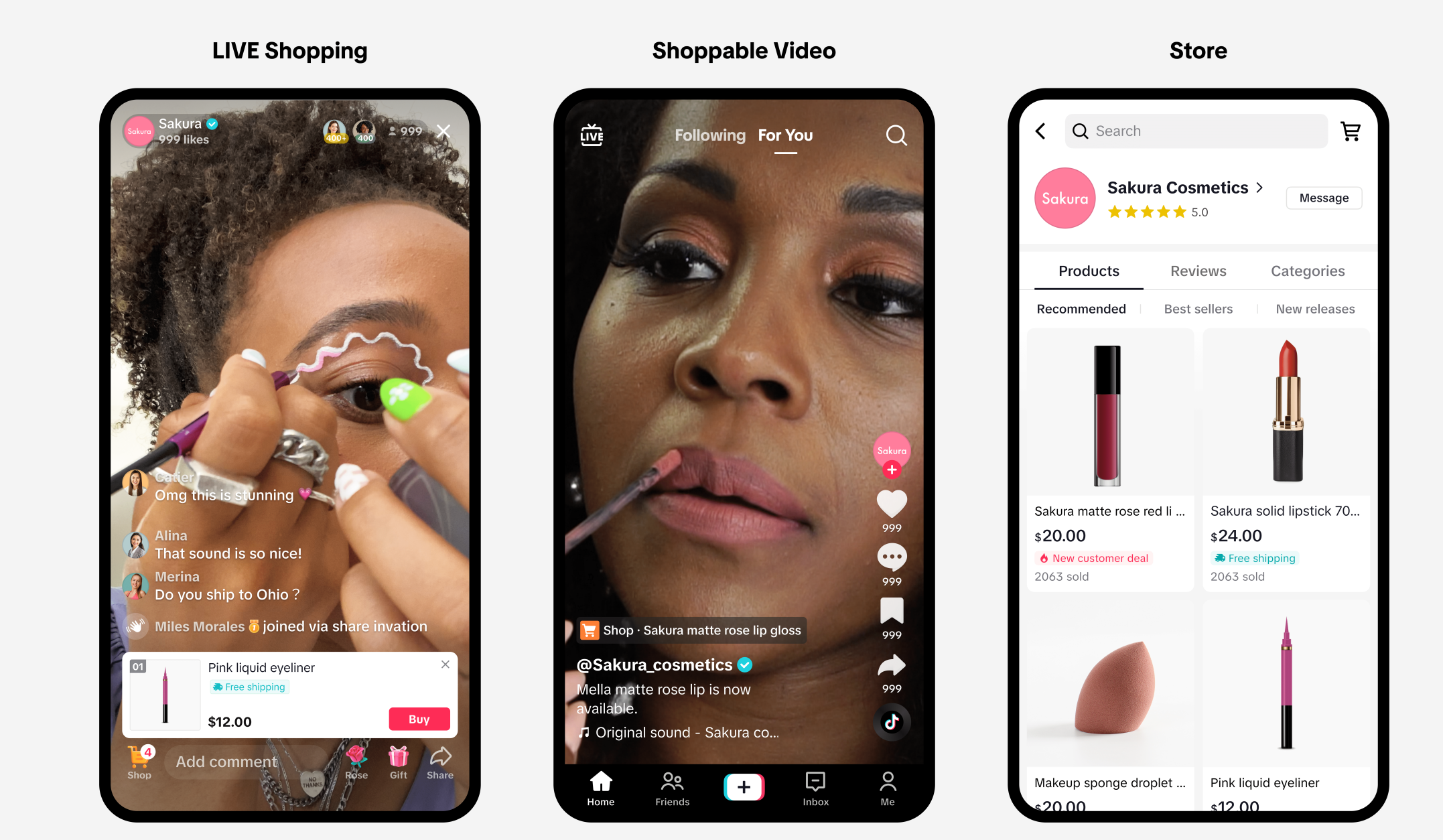 Screenshots of a mobile shopping app showing live shopping, shoppable video, and product store pages for Sakura Cosmetics.