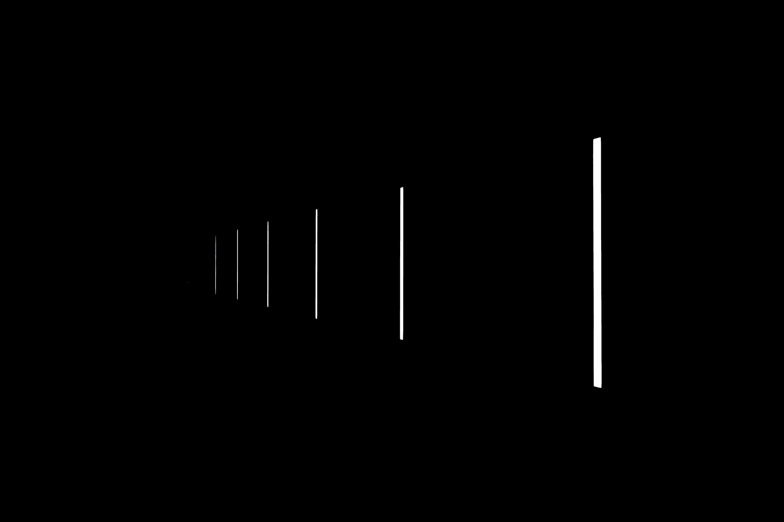 White vertical neon light tubes of varying lengths aligned in a row against a black background.