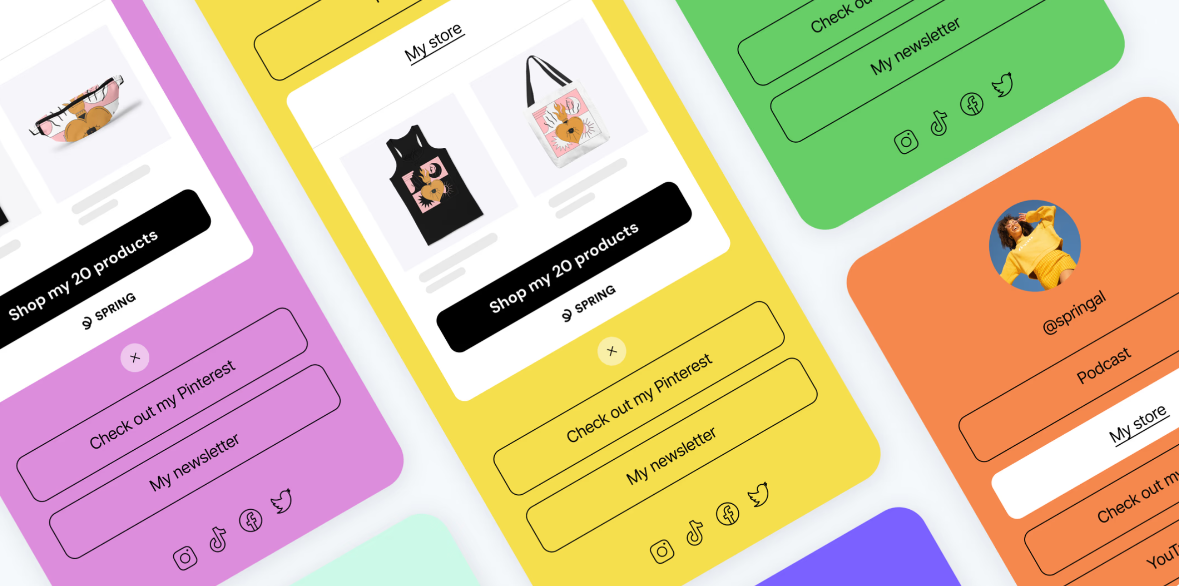 Multiple colorful website or app interface designs in purple, yellow, orange, and green colors with various layout elements, product images, social media icons, and profile pictures.