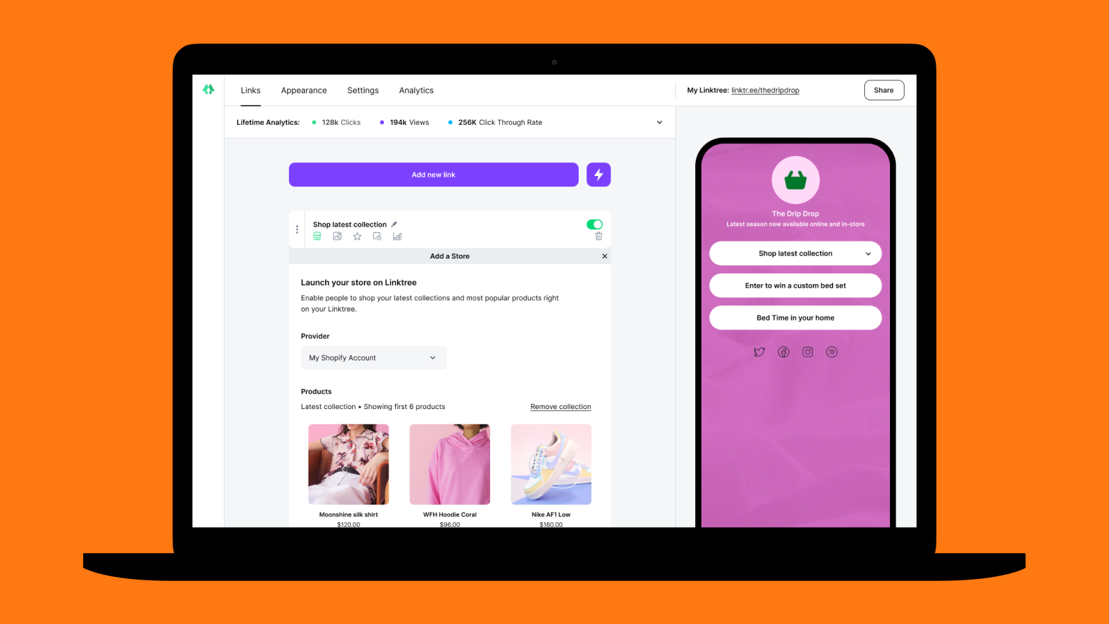 Screenshot of a laptop displaying a Linktree management dashboard with analytics, link customization options, and a preview of a pink mobile popup for The Drip Drop online store.