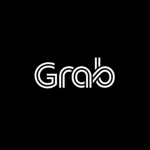 Black background with the white logo of Grab, a ride-hailing and delivery service.
