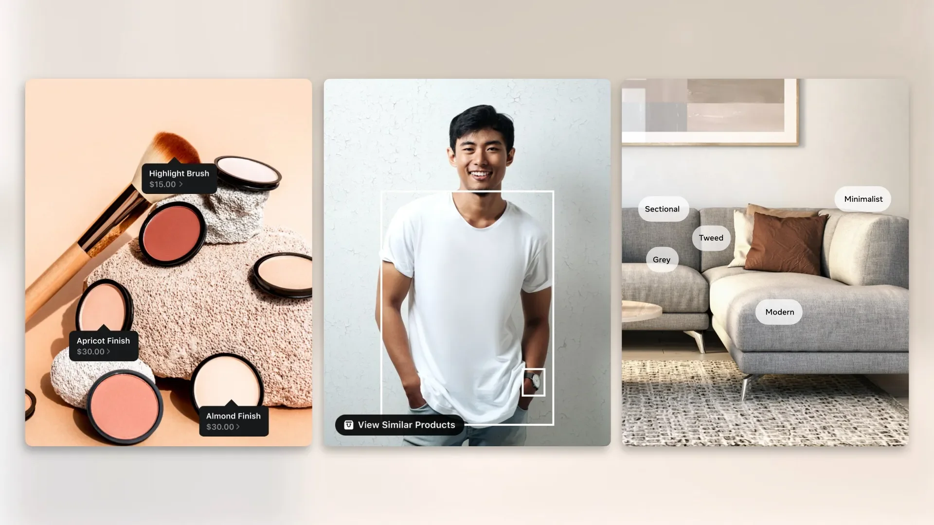 Digital collage featuring makeup products, a smiling young man in a white t-shirt, and a labeled modern gray sofa in a minimalist room.
