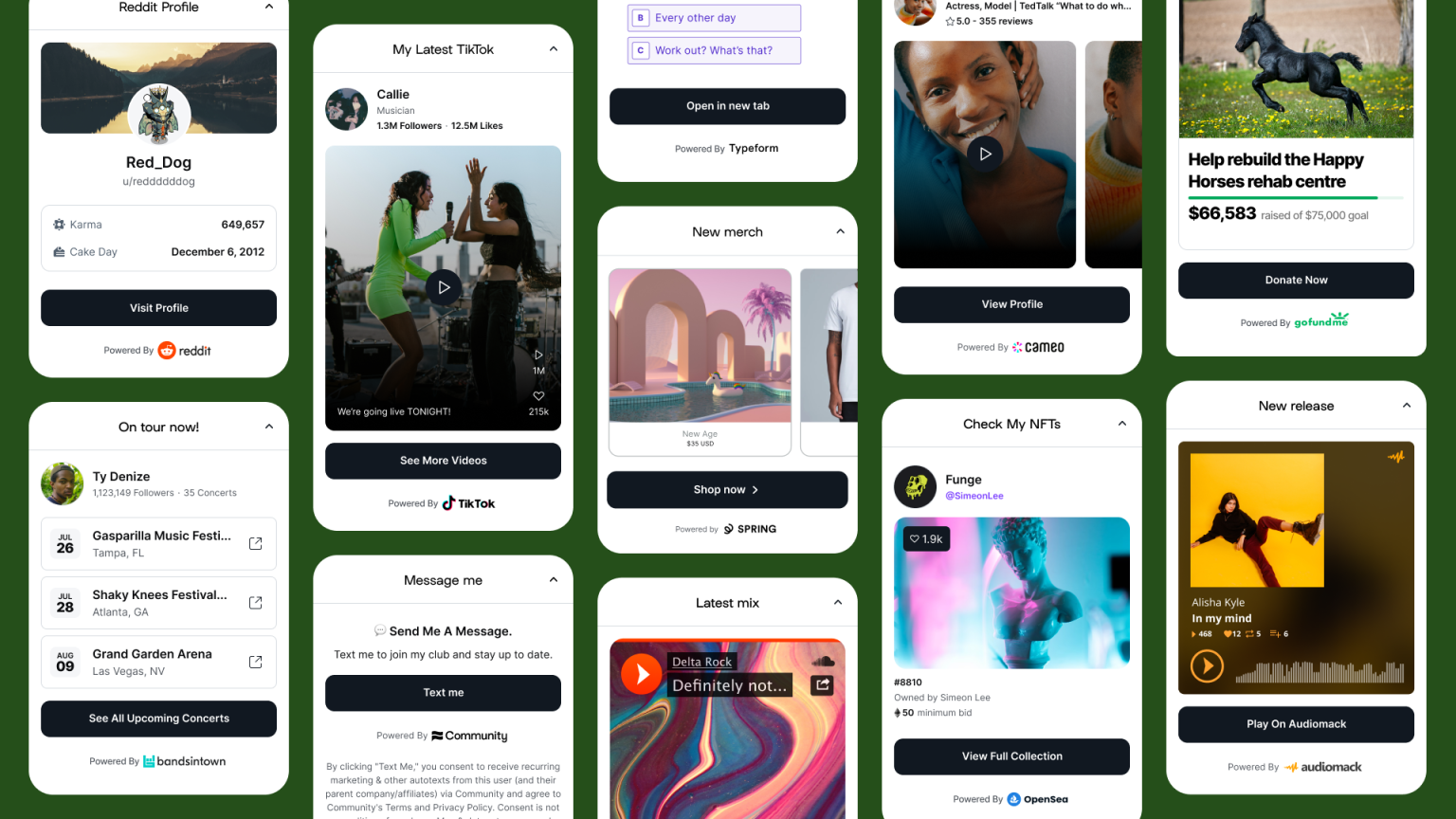 Collection of digital screenshots of various social media profiles, videos, merchandise, donation pages, music releases, and NFT displays on mobile devices with a green background.
