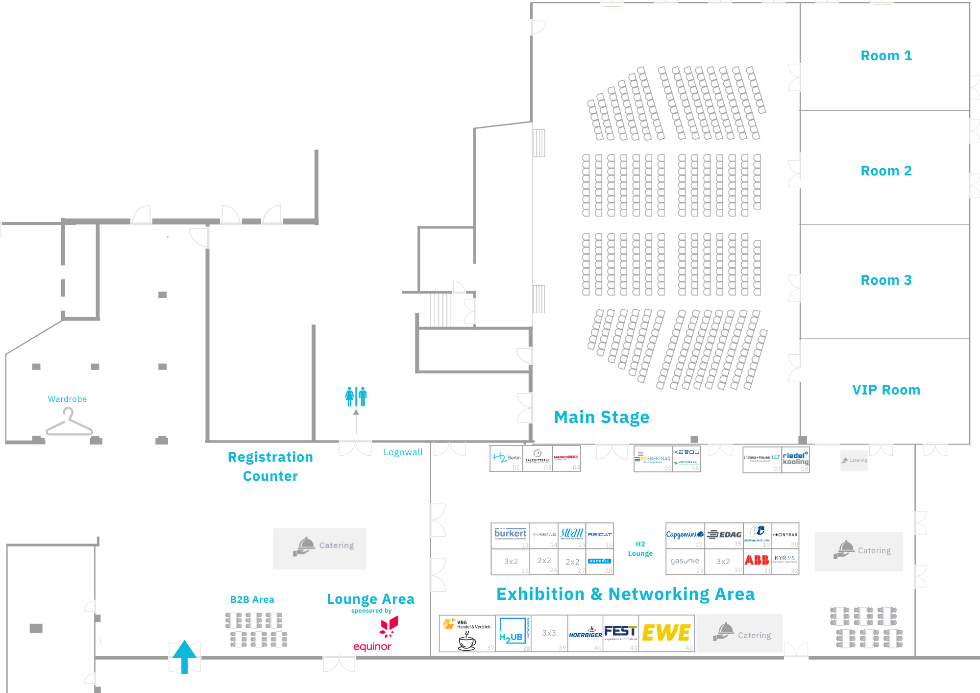 The event space shows a floor plan with areas for registration, lounge, exhibition space, main stage, rooms 1, 2, 3, VIP room, and a dressing room. There are rows of seats for the audience on the main stage and tables in the lounge.