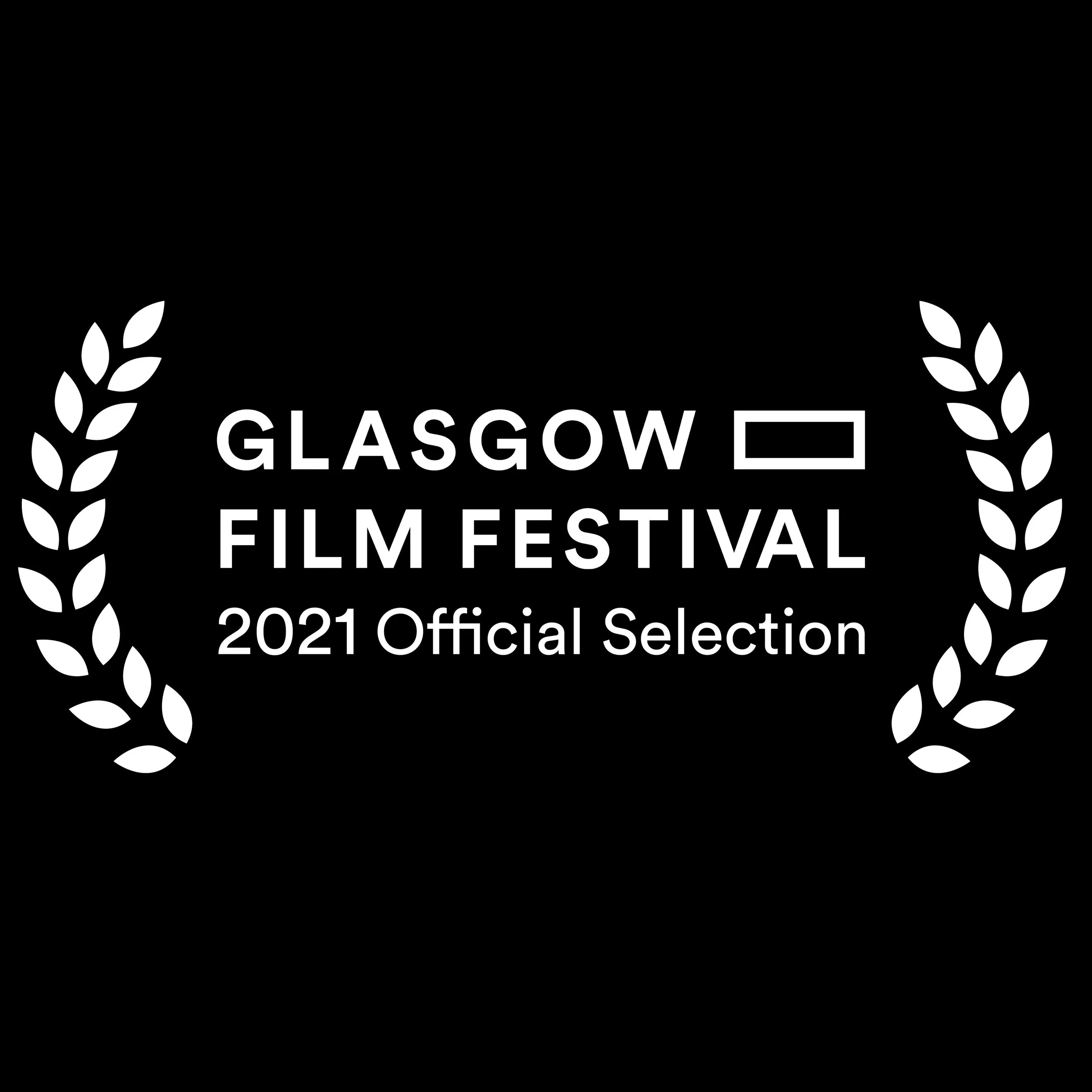 Black award logo for the Glasgow Film Festival 2021 Official Selection, with white text and laurel branches on sides. Harmonic Spectrum Documentary Editor filmmaker cinematographer