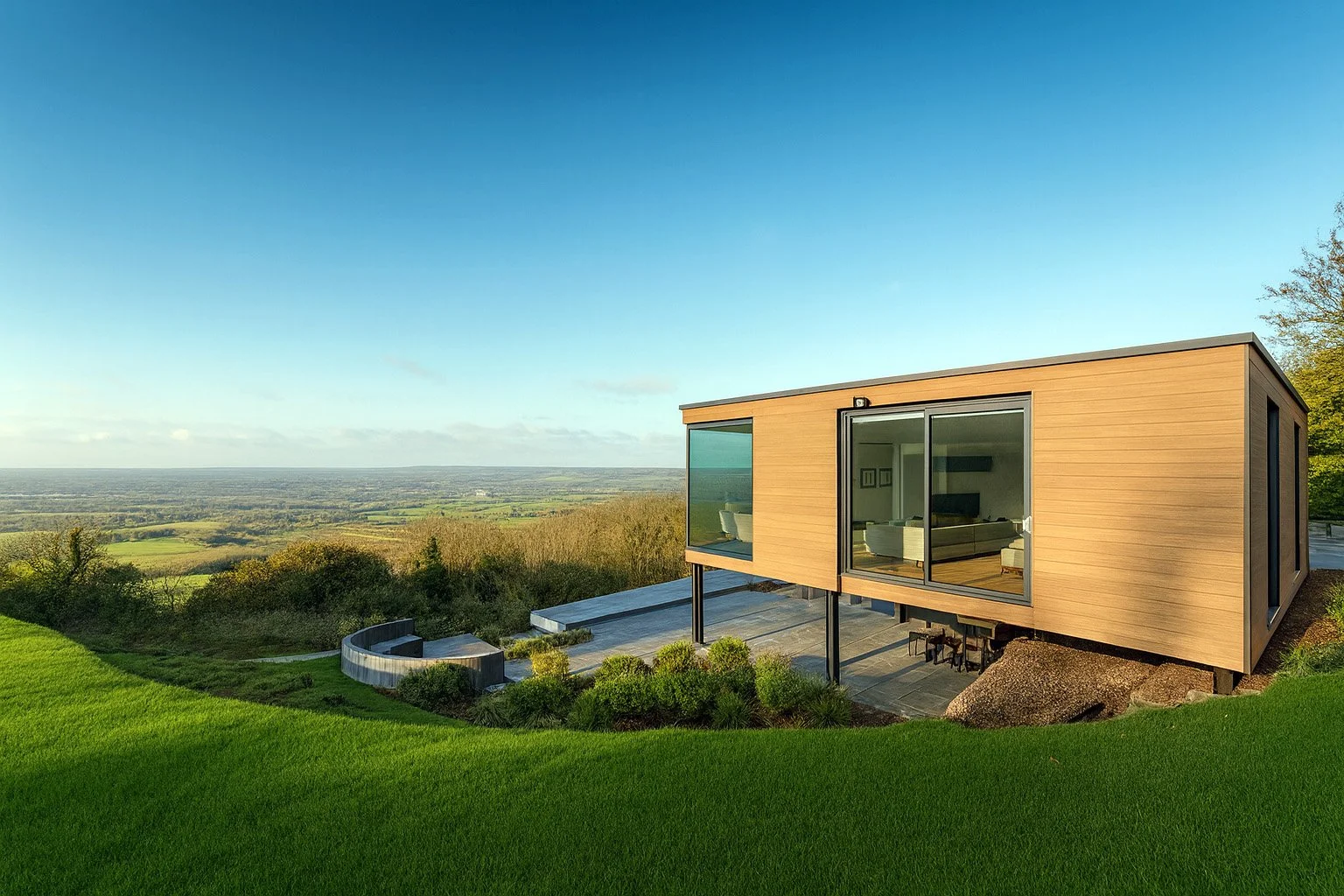 Perched atop the ridge of Blue Bell Hill with far-reaching views of the Kent countryside, this striking conversion transforms a former veterinary clinic into an exceptional modern family home. Our design strategically realigned the residence to take 