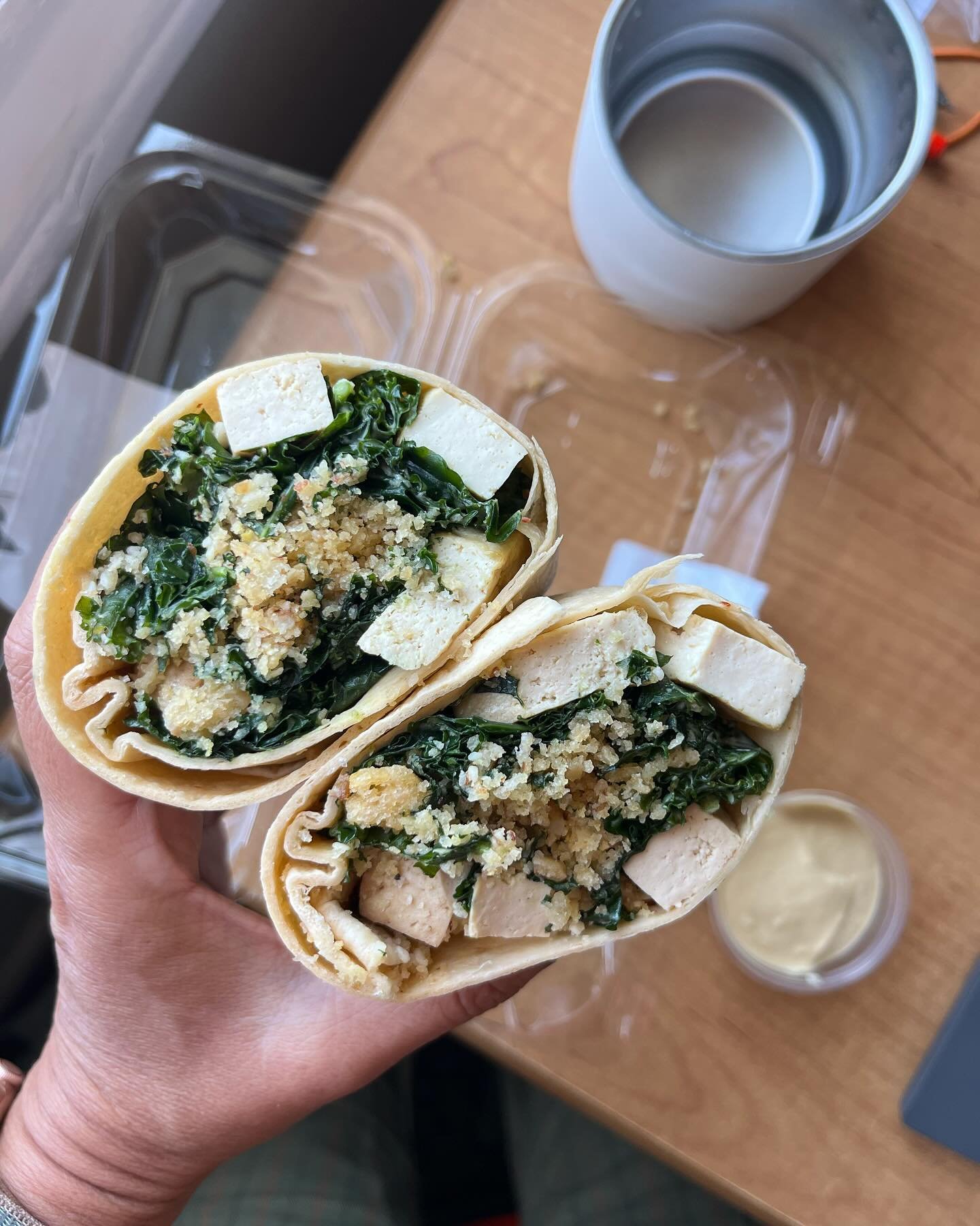 Need something vegan and on the go? We got your back. Our tofu kale caesar wrap is a yummy protein-packed salad in a wrap, with a convenient little vegan caesar dipping sauce if you need some extra.