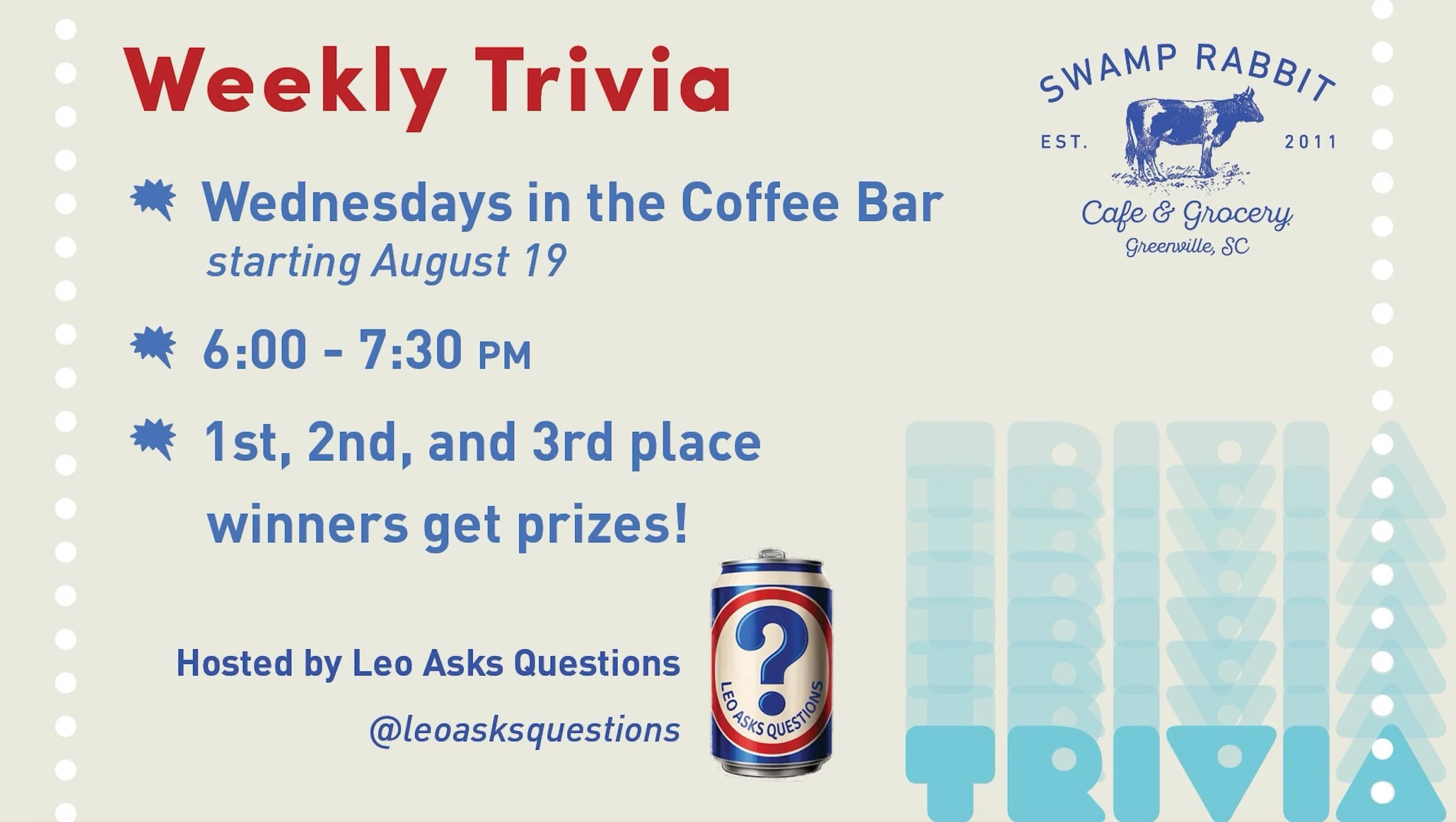 Question: Does the Swamp have weekly trivia nights? Answer: YES! Starting tomorrow we&rsquo;re introducing Wednesday night trivia from 6:00-7:30pm hosted by @leoasksquestions ! Come early to enjoy Happy Hour - $4 draft beer and wine BTG, and then hav