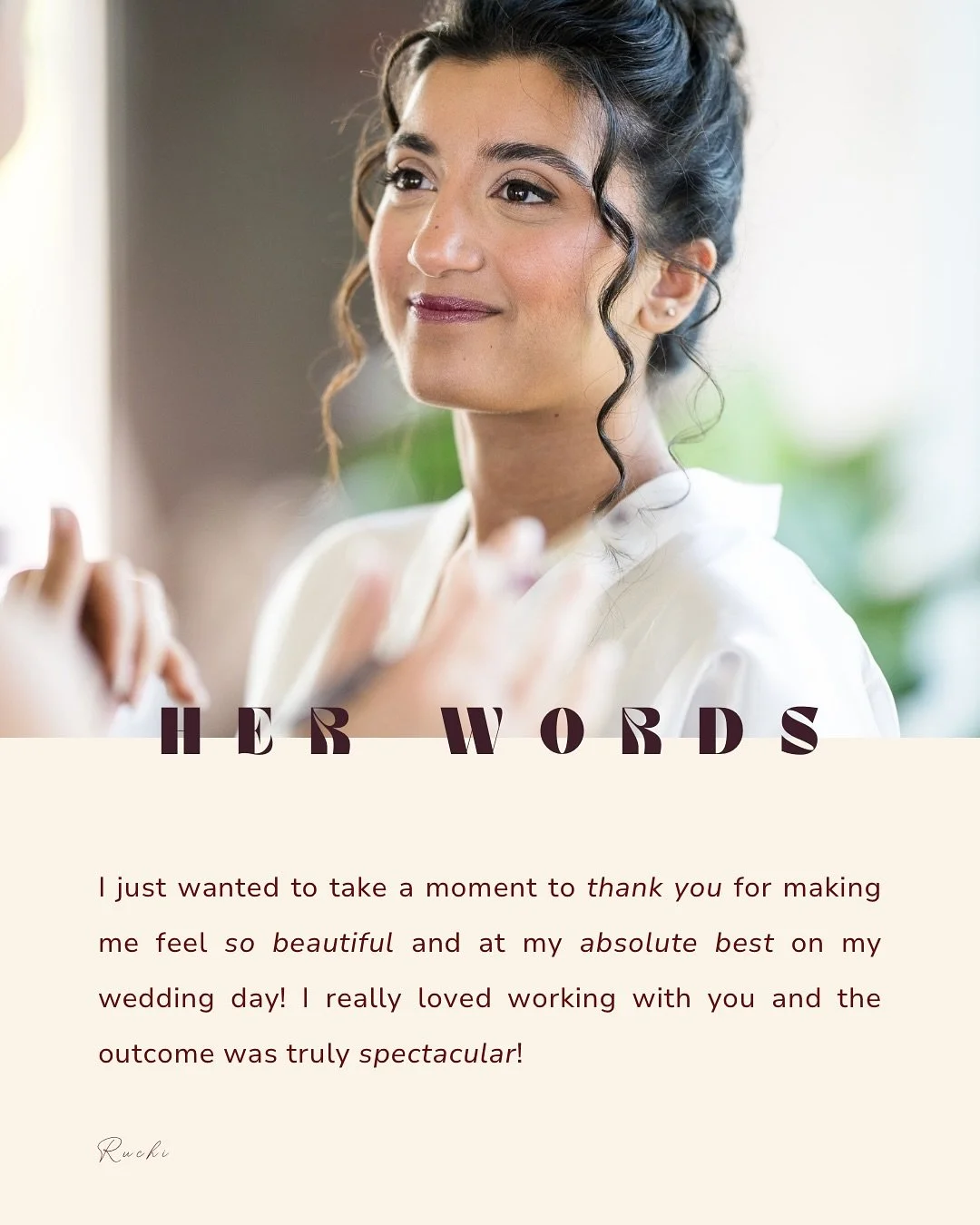Ruchi reisde helemaal van Miami naar Belgi&euml; voor haar bruiloft.

Enkele dagen voor de trouw ontmoetten we elkaar voor haar proef. Ze had een duidelijke visie, maar gaf me ook het vertrouwen om mijn expertise te laten spreken.
Samen cre&euml;erde