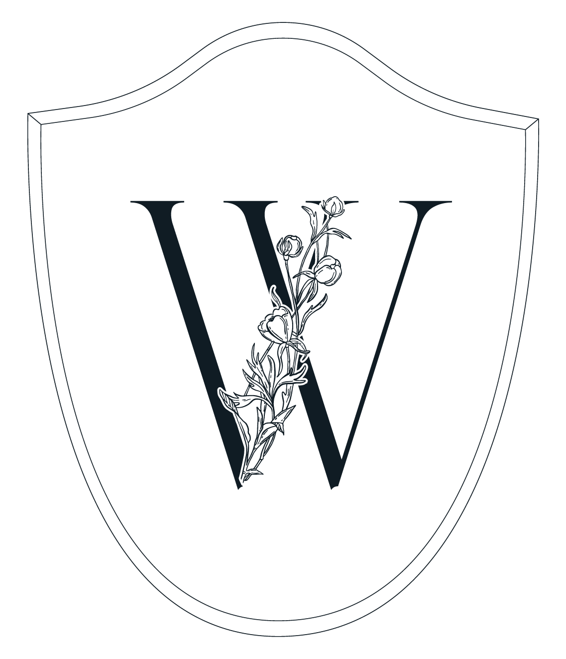 A shield emblem featuring a large letter 'V' with a floral design of leaves and buds intertwined.