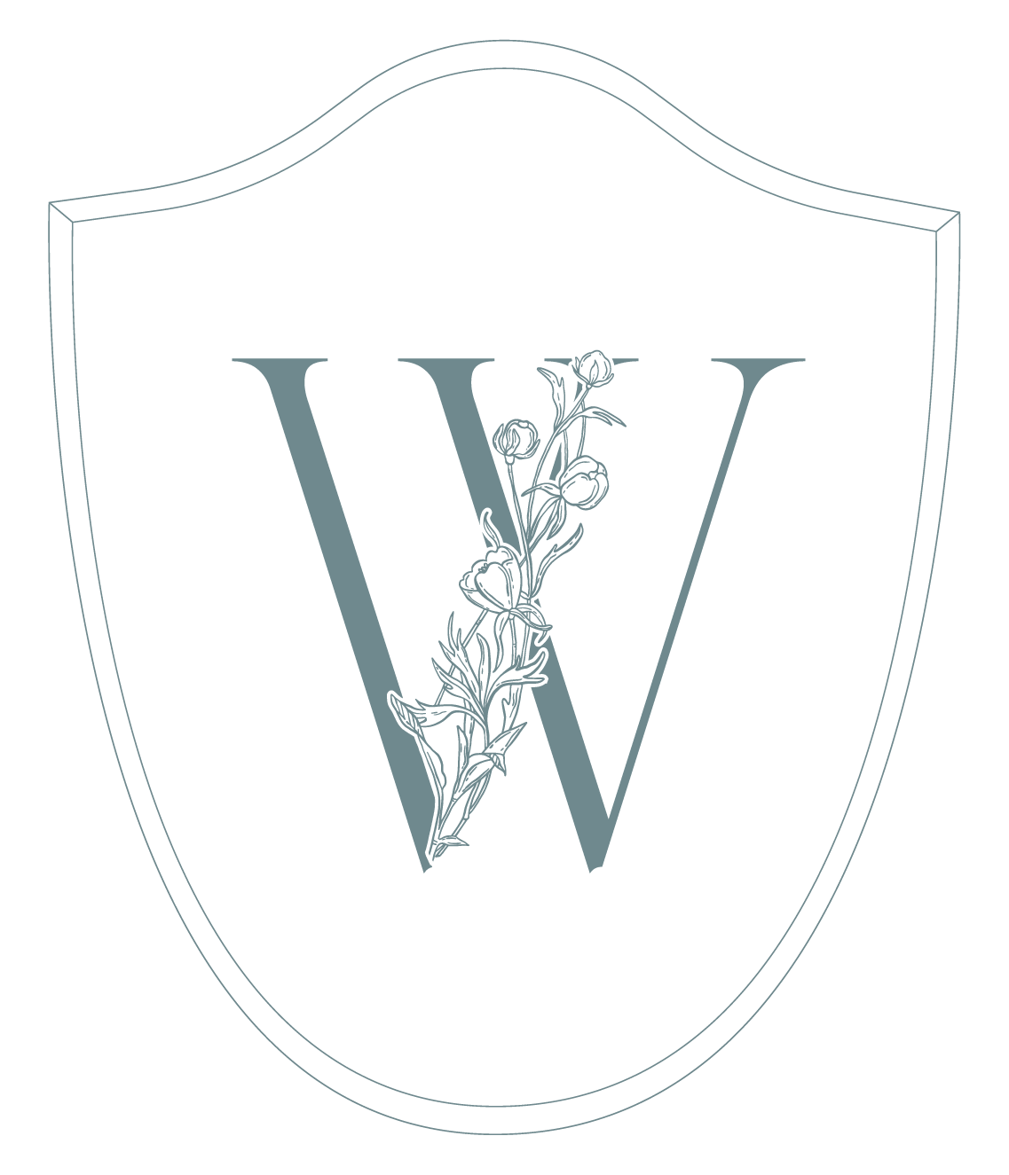 A black shield with a large gray letter 'V' in the center, decorated with a detailed floral design, possibly vines or roses.