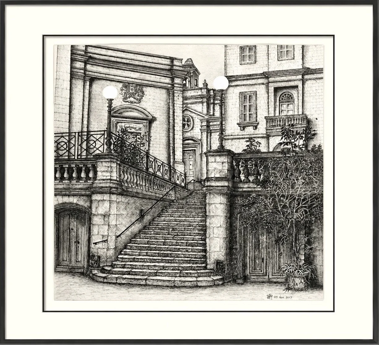 Hand-drawn pen and ink illustration of the St. Lawrence  courtyard steps leading to the side entrance of the church., Birgu, Malta