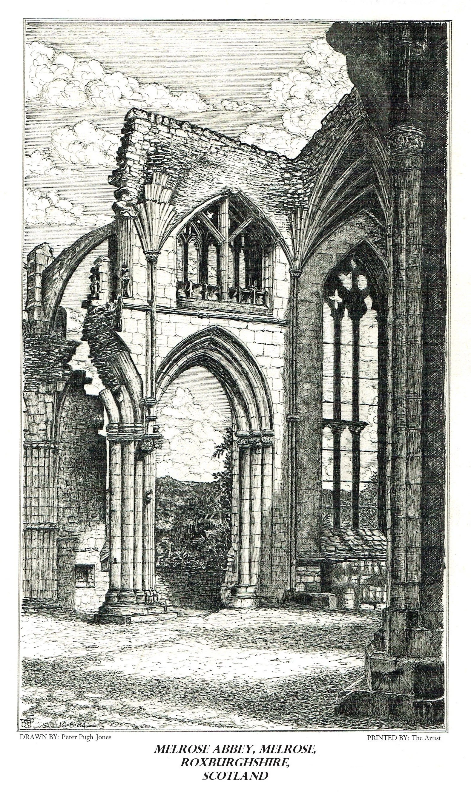 Hand-drawn pen and ink illustration of the historic, partly ruined St. Mary's Abbey, Melrose, Scotland
