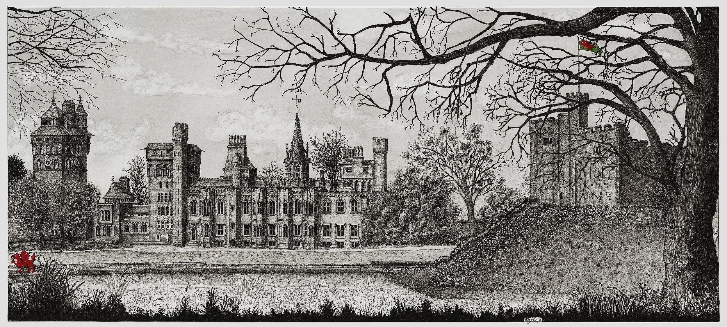 Hand-drawn pen and ink illustration of Cardiff Castle, Wales.