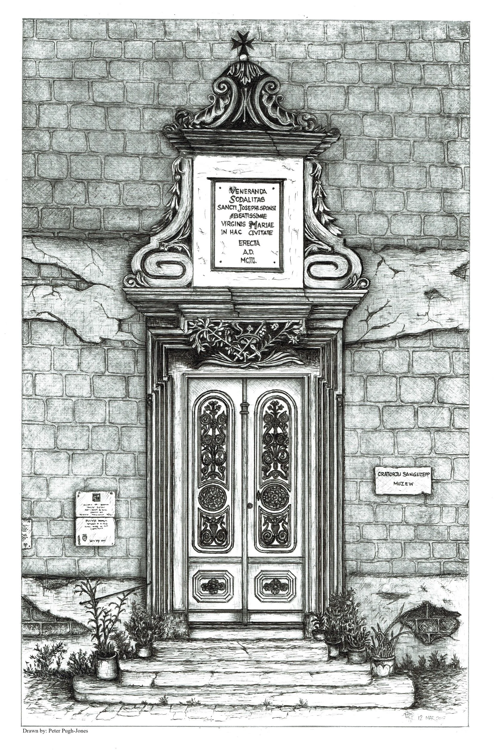 Hand-drawn pen and ink illustration of the Birgu Church Museum, Vittoriosa, Malta of the