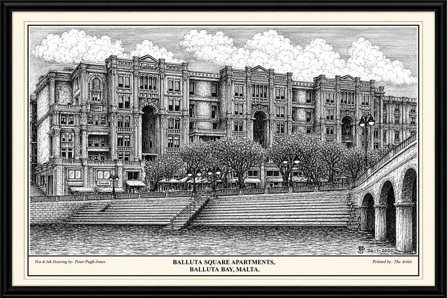 Hand-drawn pen & ink architectural illustration of  Balluta Square Apartments, Balluta Bay, Malta.