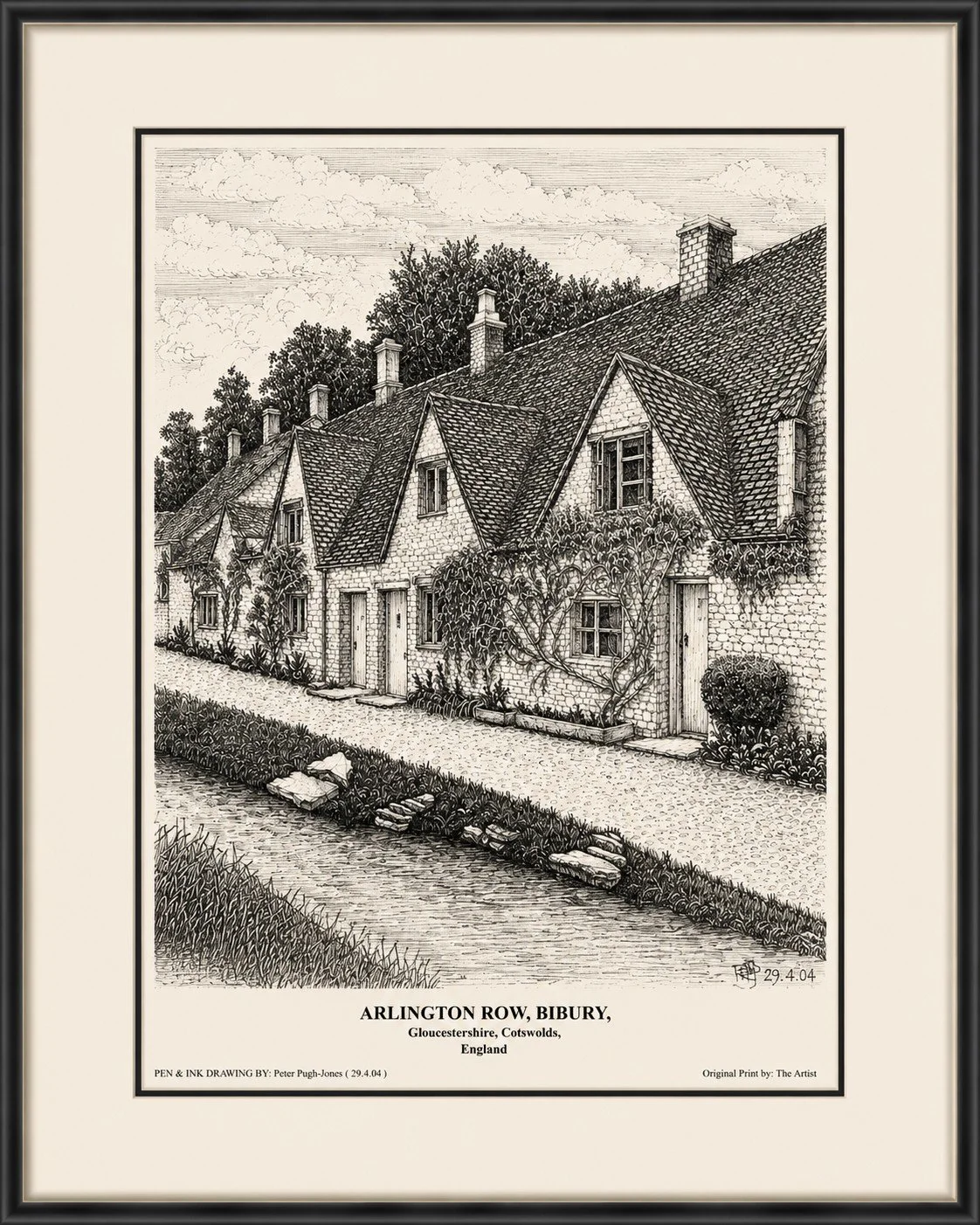 Hand-drawn pen and ink illustration of one of the most photographed places in England Arlington Row, Bibury, Cotswolds, England