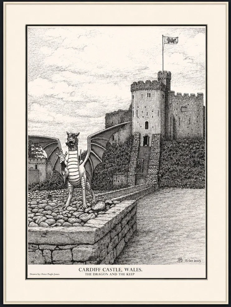 Hand-drawn pen and ink illustration of Cardiff Castle with the Dragon. Cardiff, Wales.
