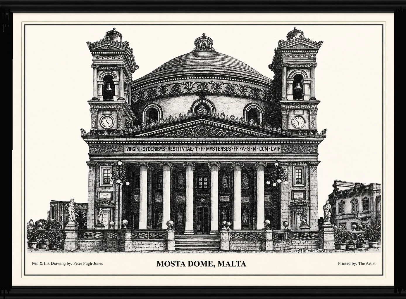 Hand-drawn pen & ink architectural drawing of Mosta Rotunda (Dome), Mosta, Malta.