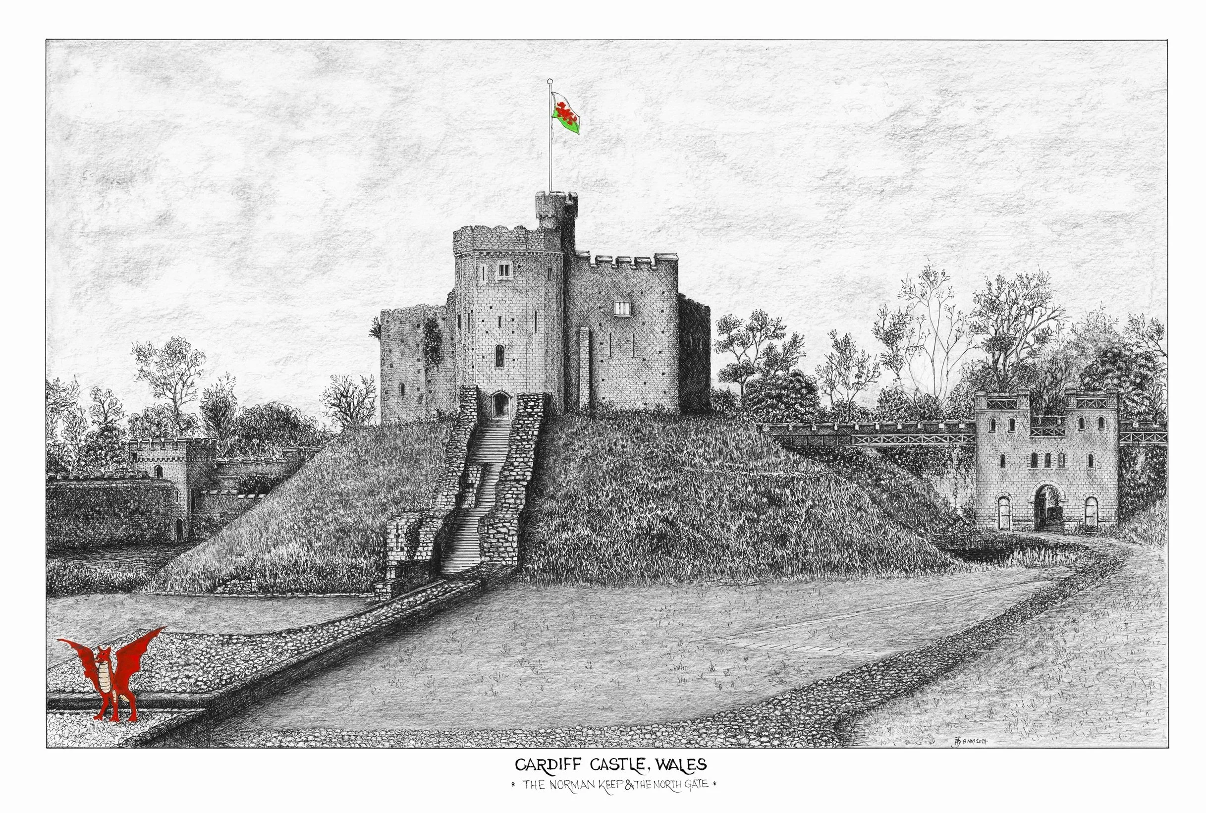 Hand-drawn pen and ink illustration, from the main entrance gate, of Cardiff Castle, Cardiff, Wales.