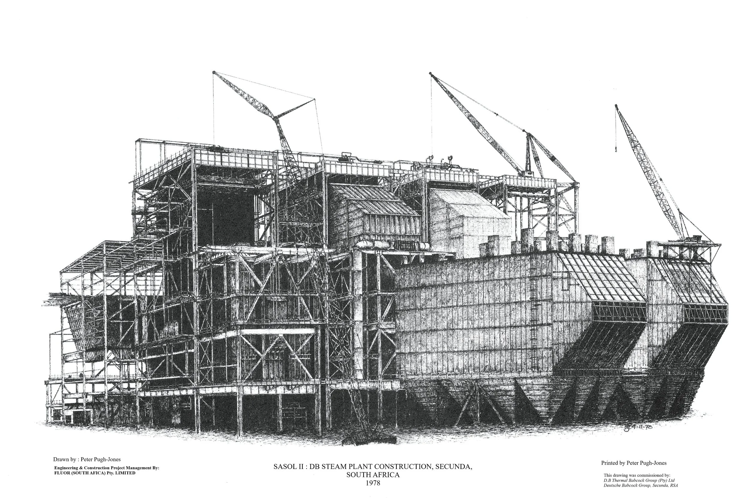 Hand-drawn pen and ink architectural drawing of SASOL II, Secunda, South Africa