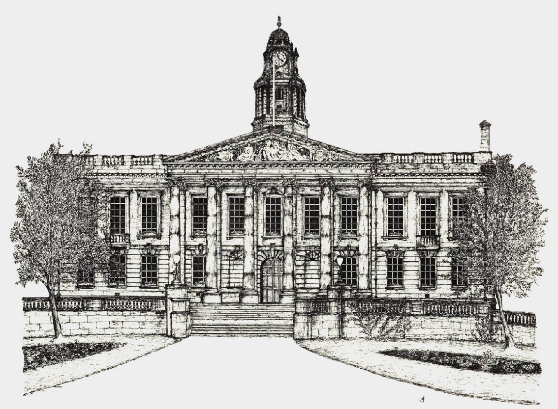 Hand-drawn pen and ink architectural drawing of Lancaster Town Hall, Lancashire..