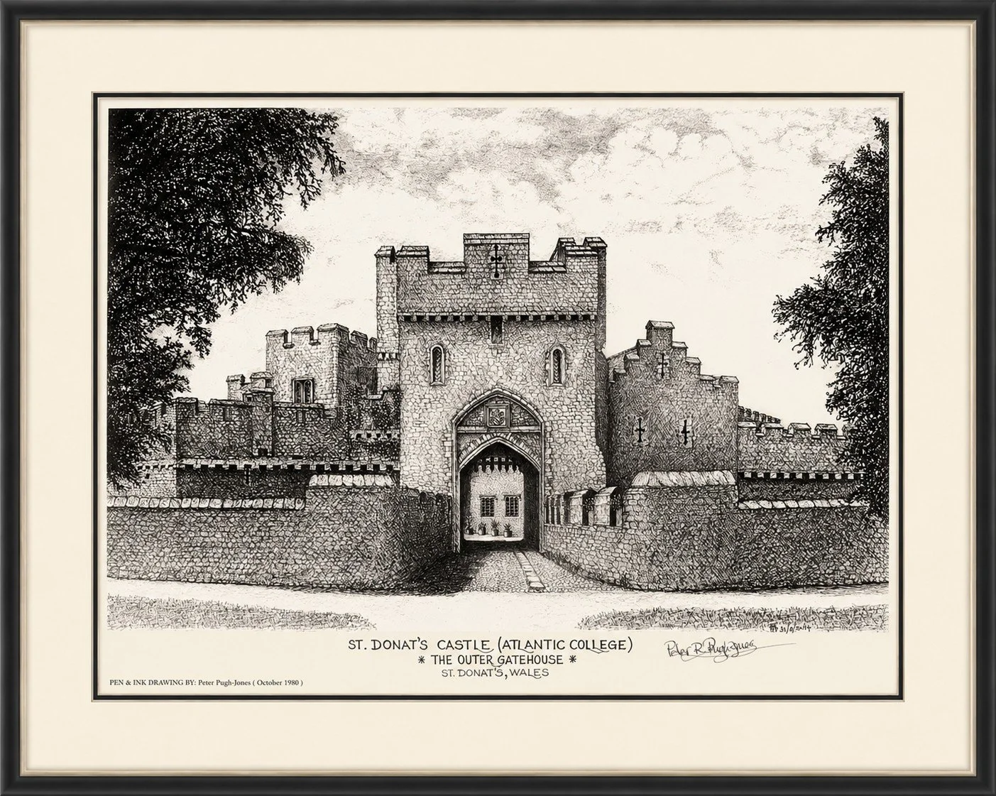 Hand-drawn pen and ink illustration of St Donats Castle (now 'Atlantic College') , St Donat's, South Wales.