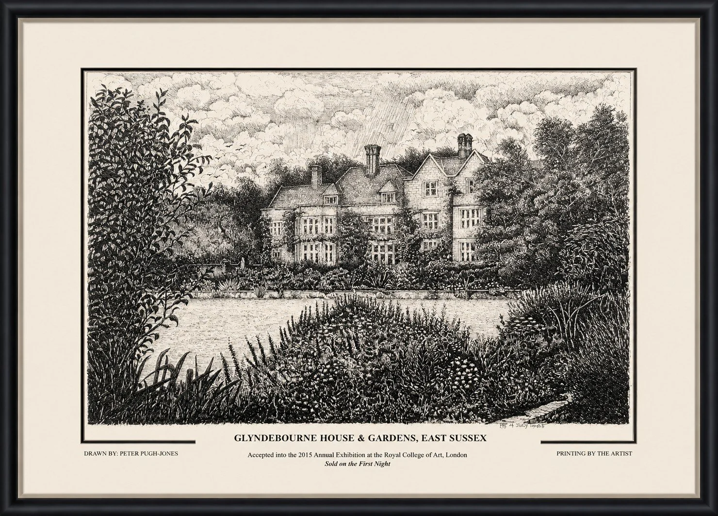Hand-Drawn view of the famous Glyndebourne 'Opera' house and gardens, East Sussex, England.