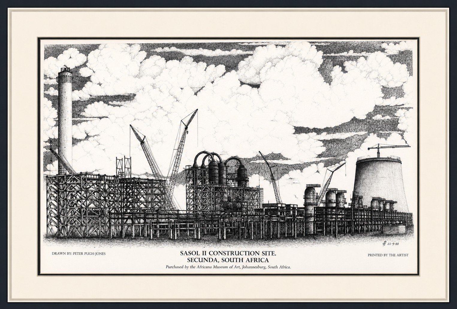 Hand-drawn pen and ink illustration of the SASOL II refinery construction project, Secunda, South Africa.