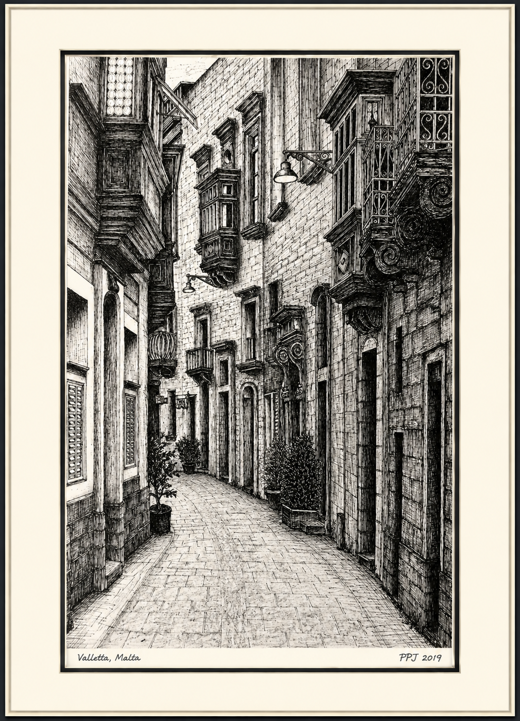 Hand-drawn pen and ink illustration of one of the most iconic streets in Malta. Hilda Tabone Street, Birgu.