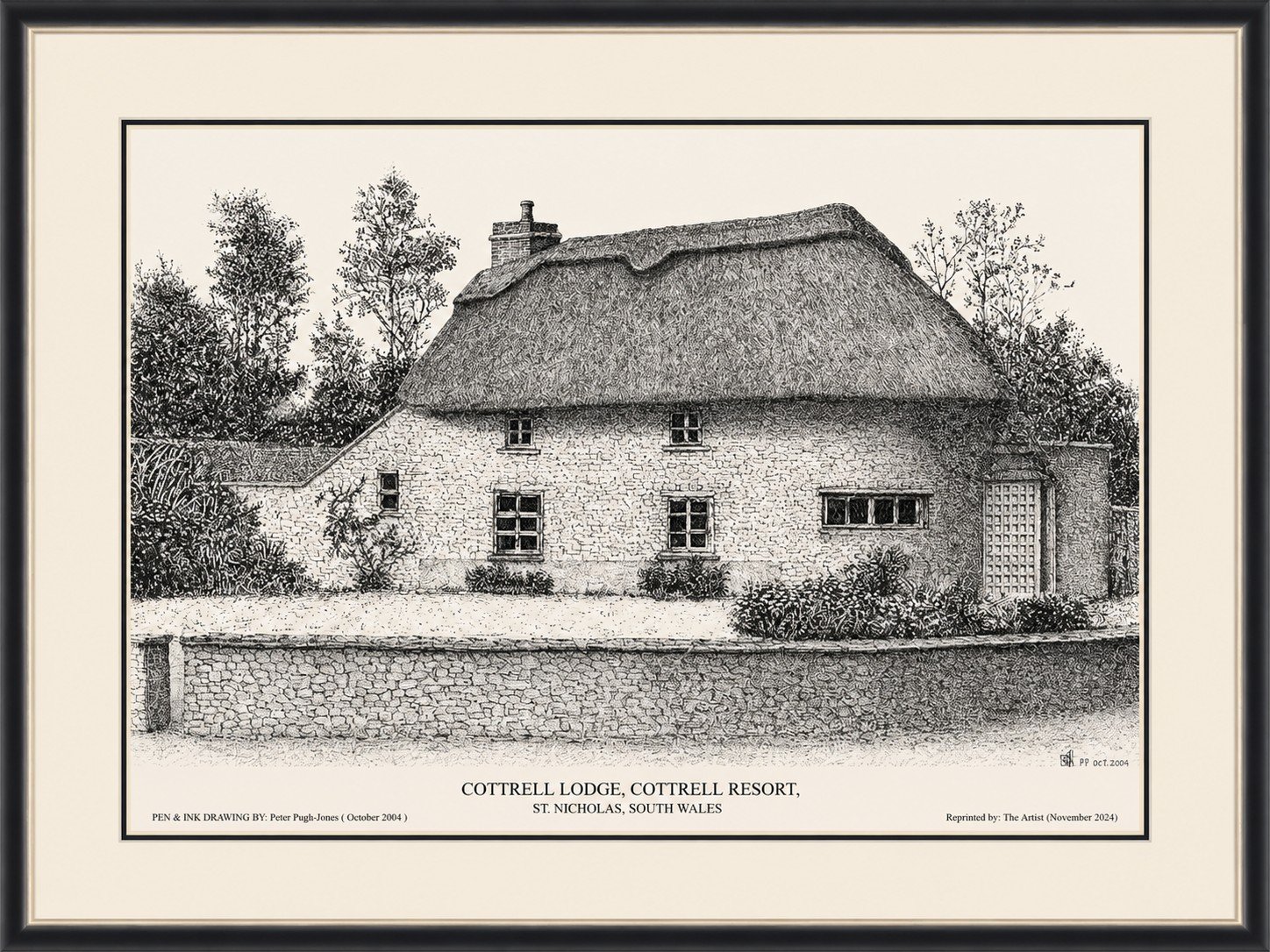 Hand-drawn pen & ink image of thatched roof architectural drawing of the Lodge at Cottrell Park Golf Club, South Wales.