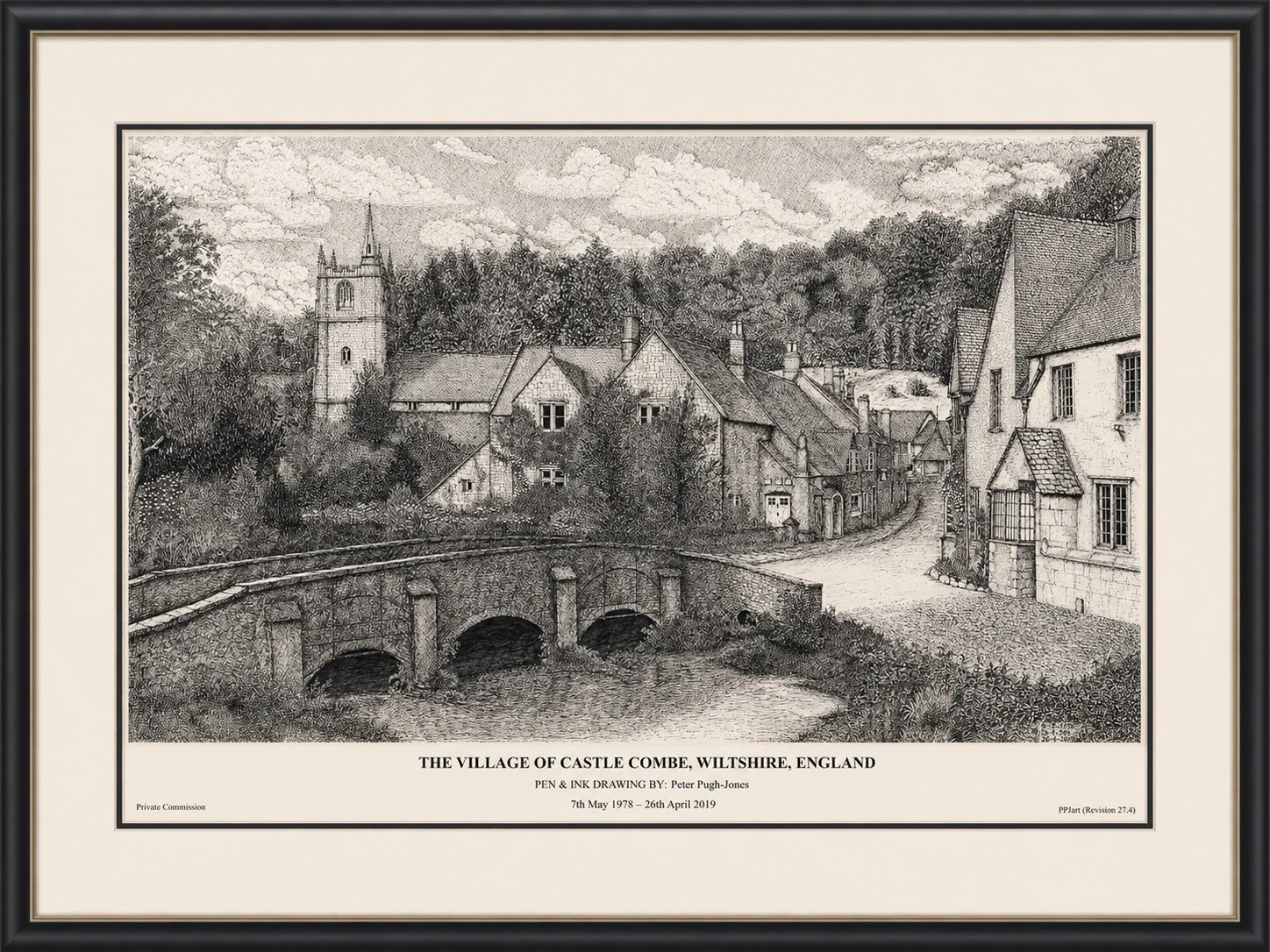Hand-drawn pen and ink illustration of "The most beautiful village in England" - Castle Combe village, Wiltshire, England.