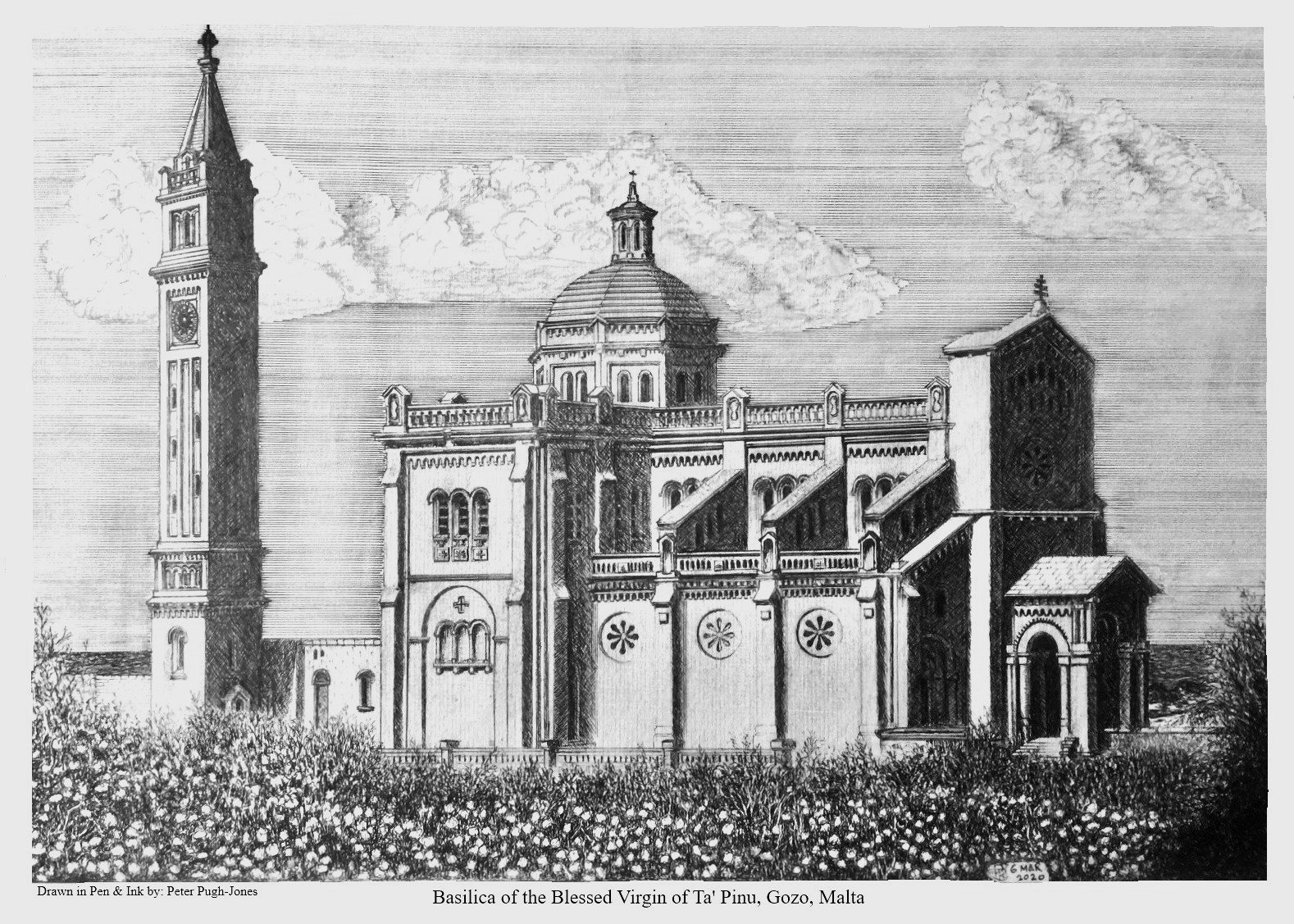 Hand-drawn pen and ink illustration of the Basilica of the Blessed Virgin of Ta' Pinu, Gozo, Malta