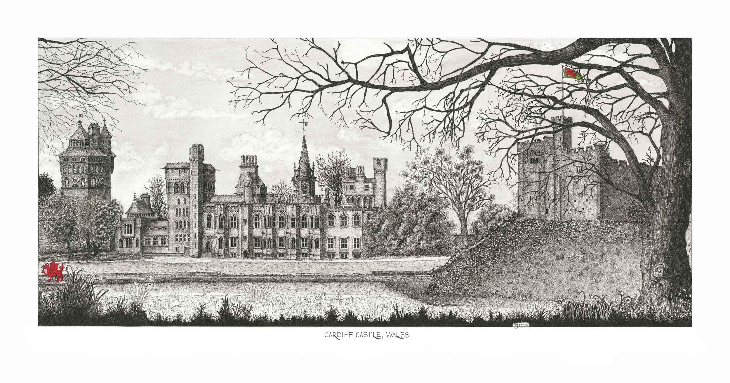 Hand-drawn pen and ink illustration of Cardiff Castle, Wales.