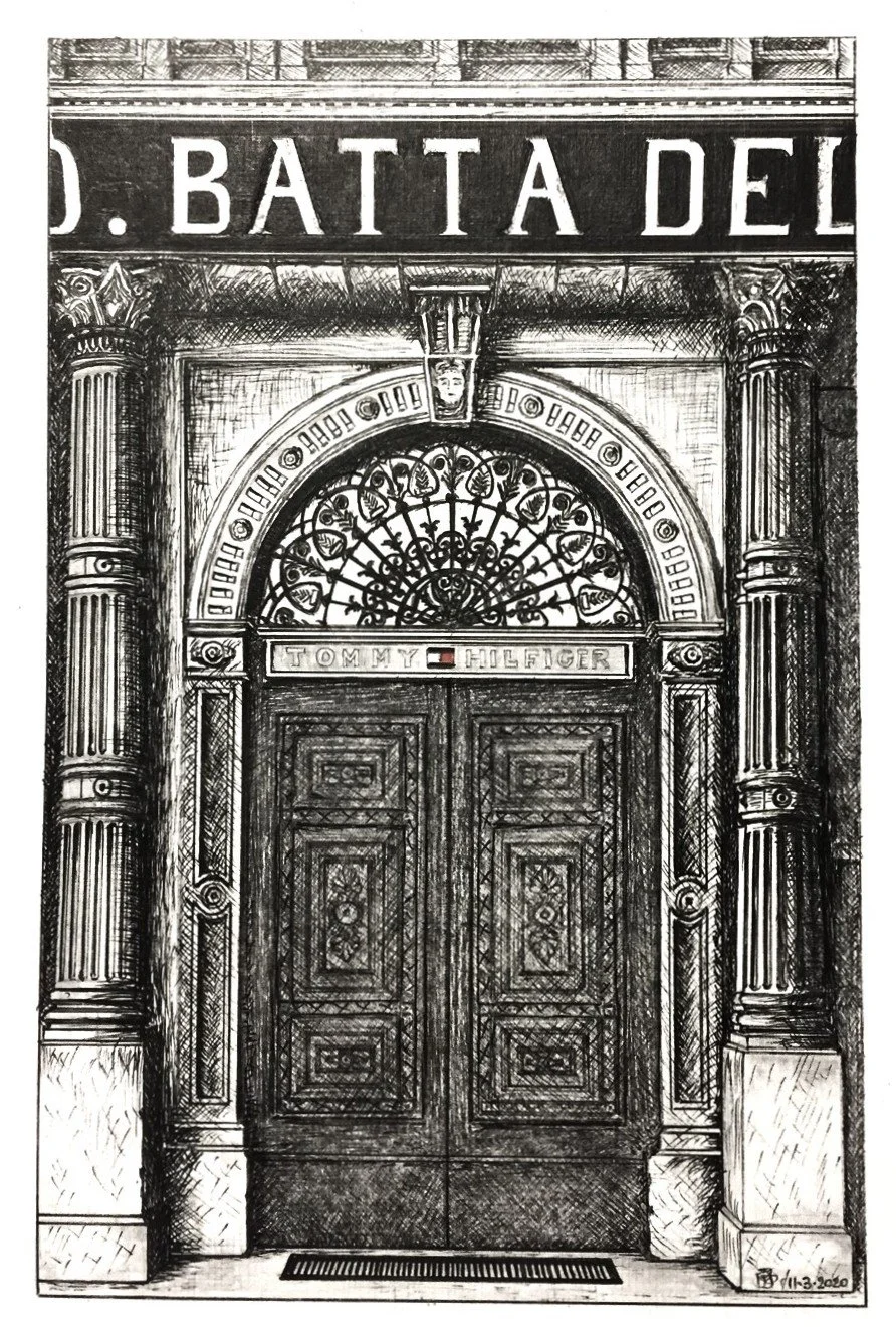 Hand-drawn pen & ink illustration of the ornate Tommy Hilfiger store main doorway, Valletta, Malta