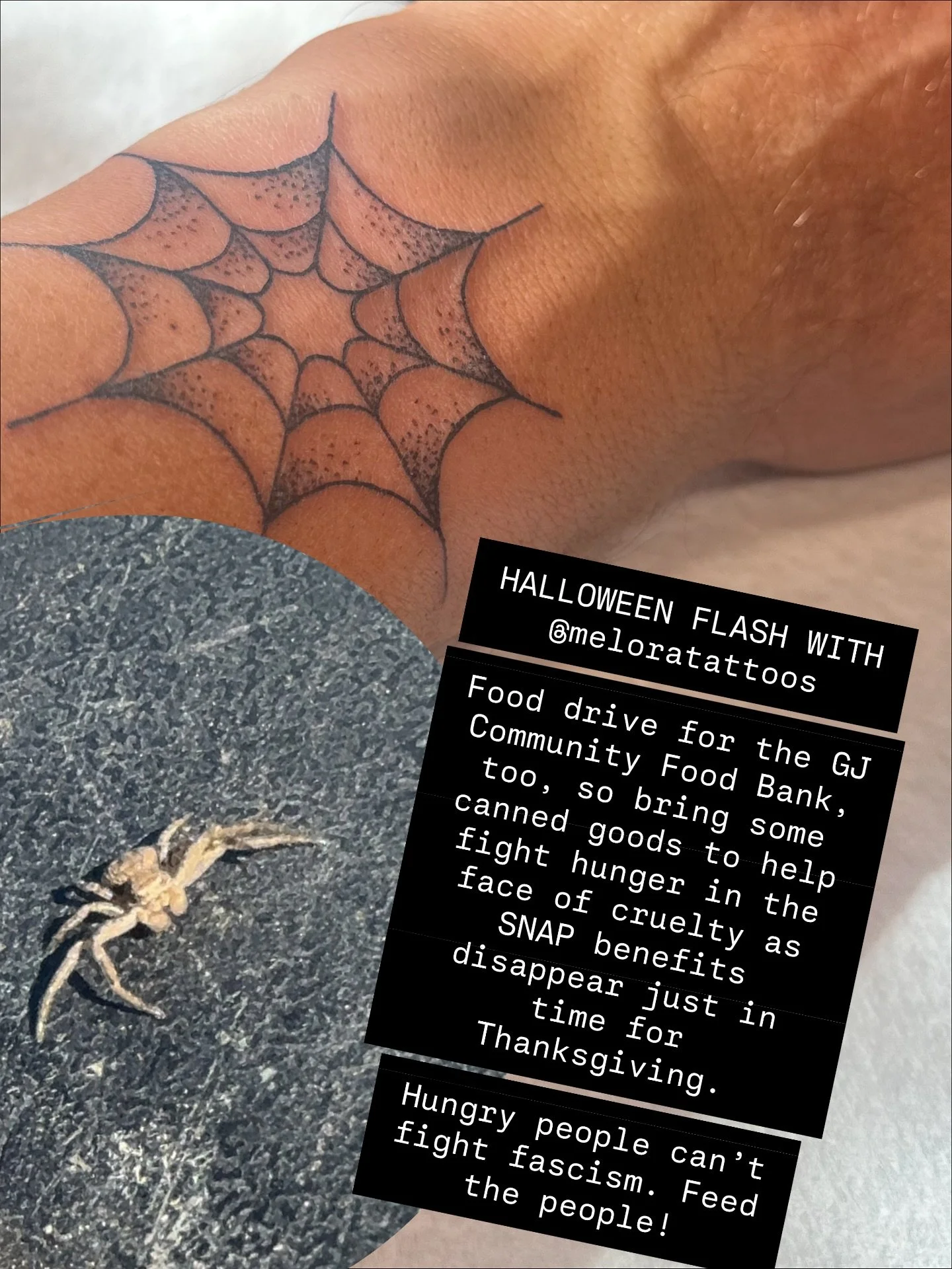 Come get a tattoo today! Donate food to the community food bank. Happy Halloween!
