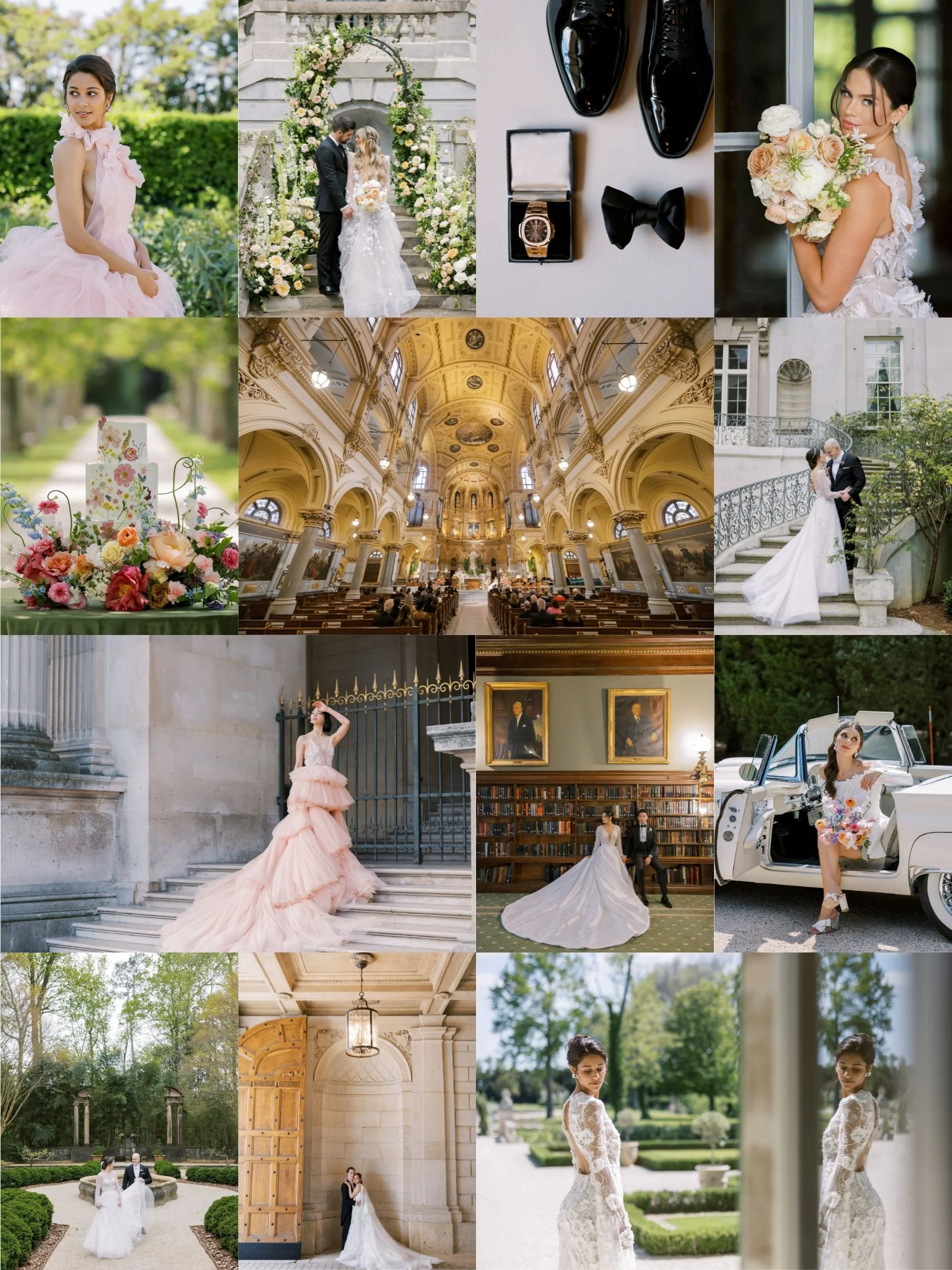 A collage of photos from a wedding, including bride and groom, wedding dress, wedding rings, flowers, church interior, wedding cake, outdoor wedding venue, bride with flowers, and bride in lace dress.