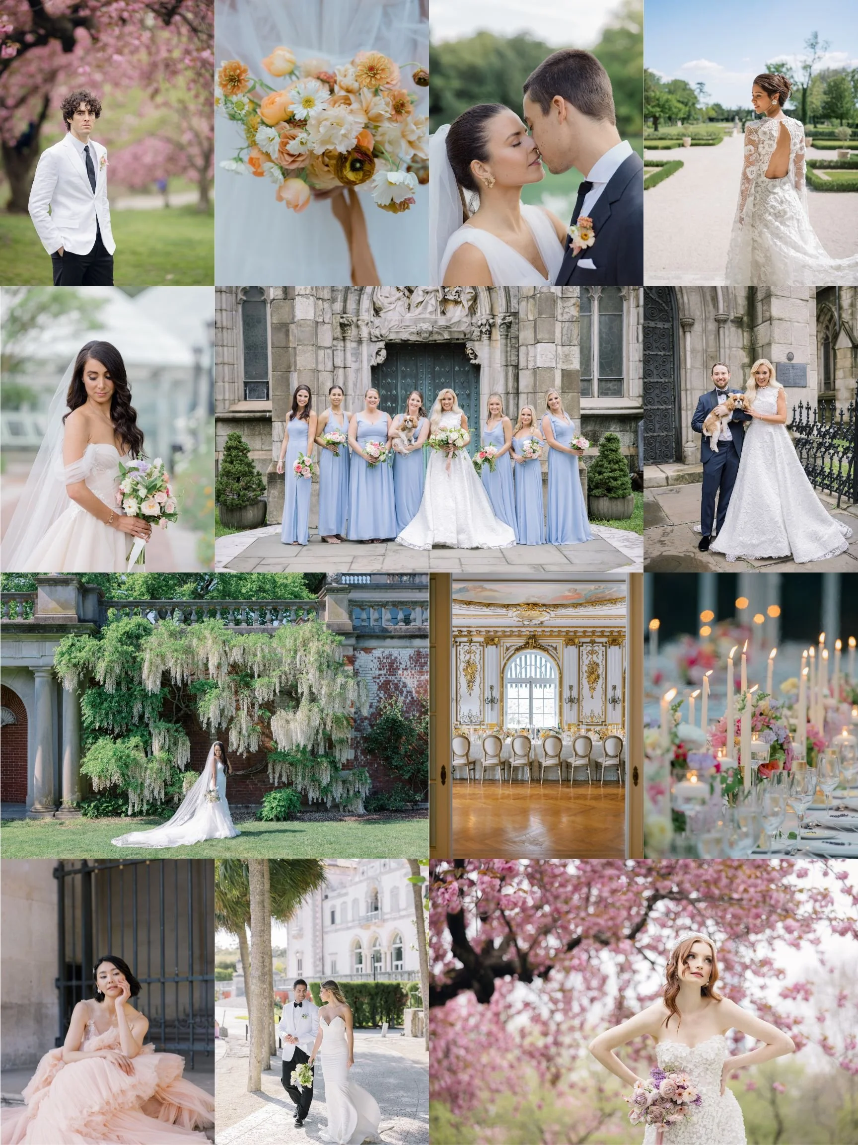 Collage of wedding scenes including brides, grooms, bridal party, wedding venue, flowers, reception, and outdoor settings with cherry blossoms.