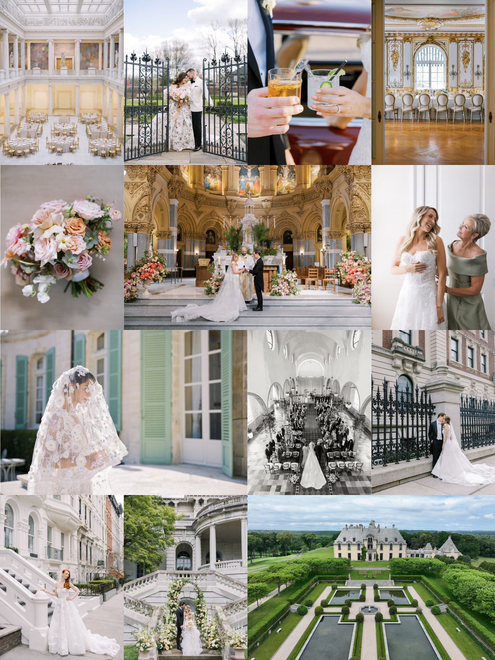 A collage of wedding scenes featuring a grand hall setup, couple kissing behind a gate, drinks, ornate interior, bouquet, church ceremony, bride with senior woman, bride outside colonial home, wedding ceremony in a hall, bride outside historic building, bride with elegant gown, wedding party outside historic architecture, and a landscaped garden with a mansion.