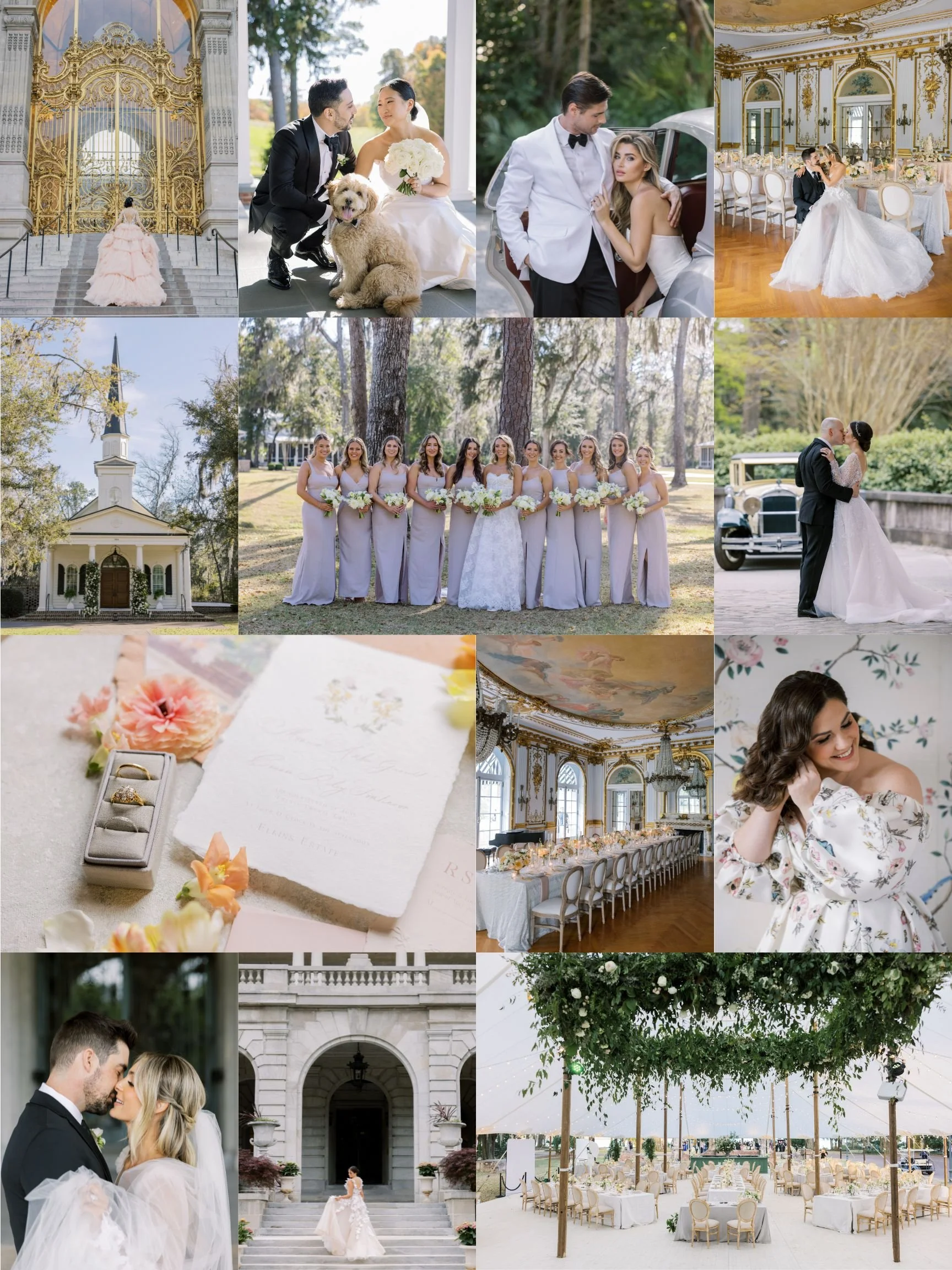 A collage of wedding photos including a grand church, couples, bridesmaids, a bride, a wedding reception hall, and wedding details such as rings, floral arrangements, and a decorated outdoor tent.